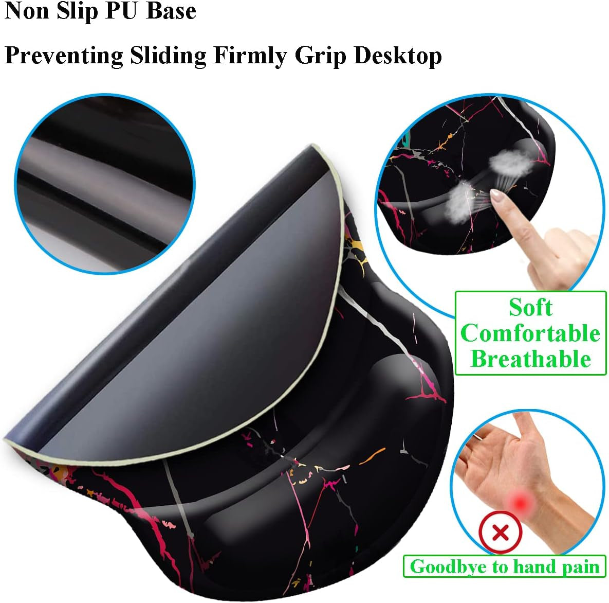 Wrist Mouse Pad, Black Marble, Non-Slip Ergonomic with Gel Wrist Rest