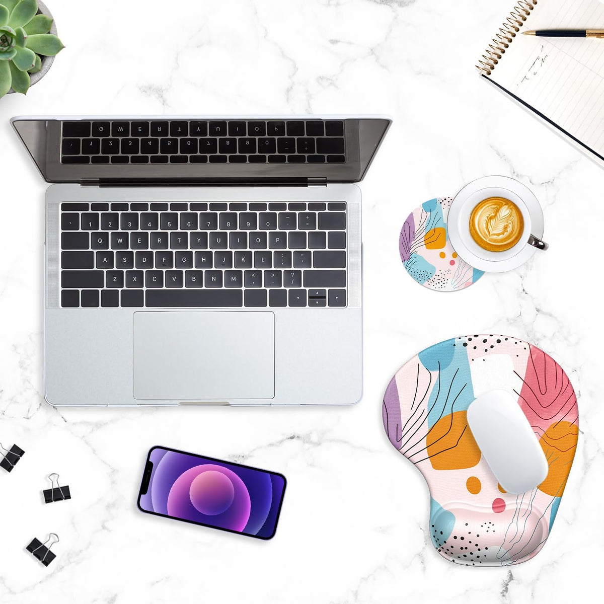 Ergonomic Mouse Pad Coaster Set with Gel Wrist Support Wrist Rest Smooth Surface Non-Slip PU Base Comfortable Office Supplies Pain Relief, 9.5 X 8.3 Inches, Art Style Pattern