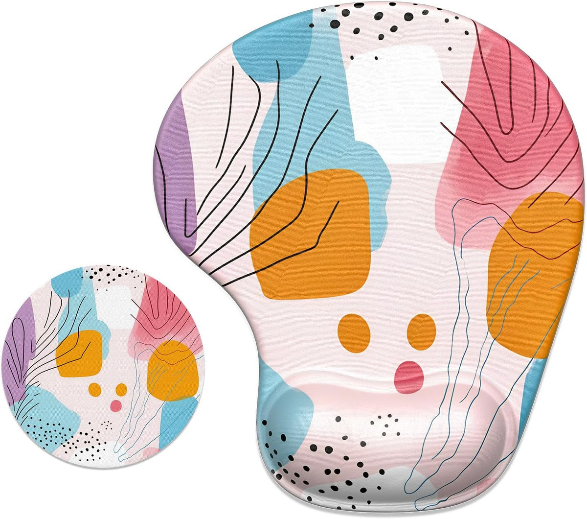 Ergonomic Mouse Pad Coaster Set with Gel Wrist Support Wrist Rest Smooth Surface Non-Slip PU Base Comfortable Office Supplies Pain Relief, 9.5 X 8.3 Inches, Art Style Pattern