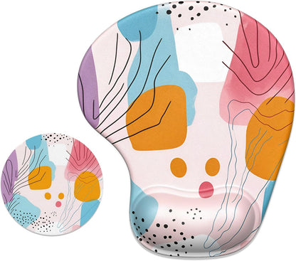 Ergonomic Mouse Pad Coaster Set with Gel Wrist Support Wrist Rest Smooth Surface Non-Slip PU Base Comfortable Office Supplies Pain Relief, 9.5 X 8.3 Inches, Art Style Pattern