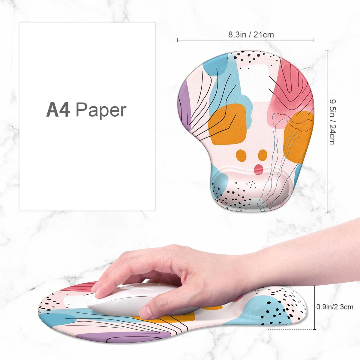 Ergonomic Mouse Pad Coaster Set with Gel Wrist Support Wrist Rest Smooth Surface Non-Slip PU Base Comfortable Office Supplies Pain Relief, 9.5 X 8.3 Inches, Art Style Pattern