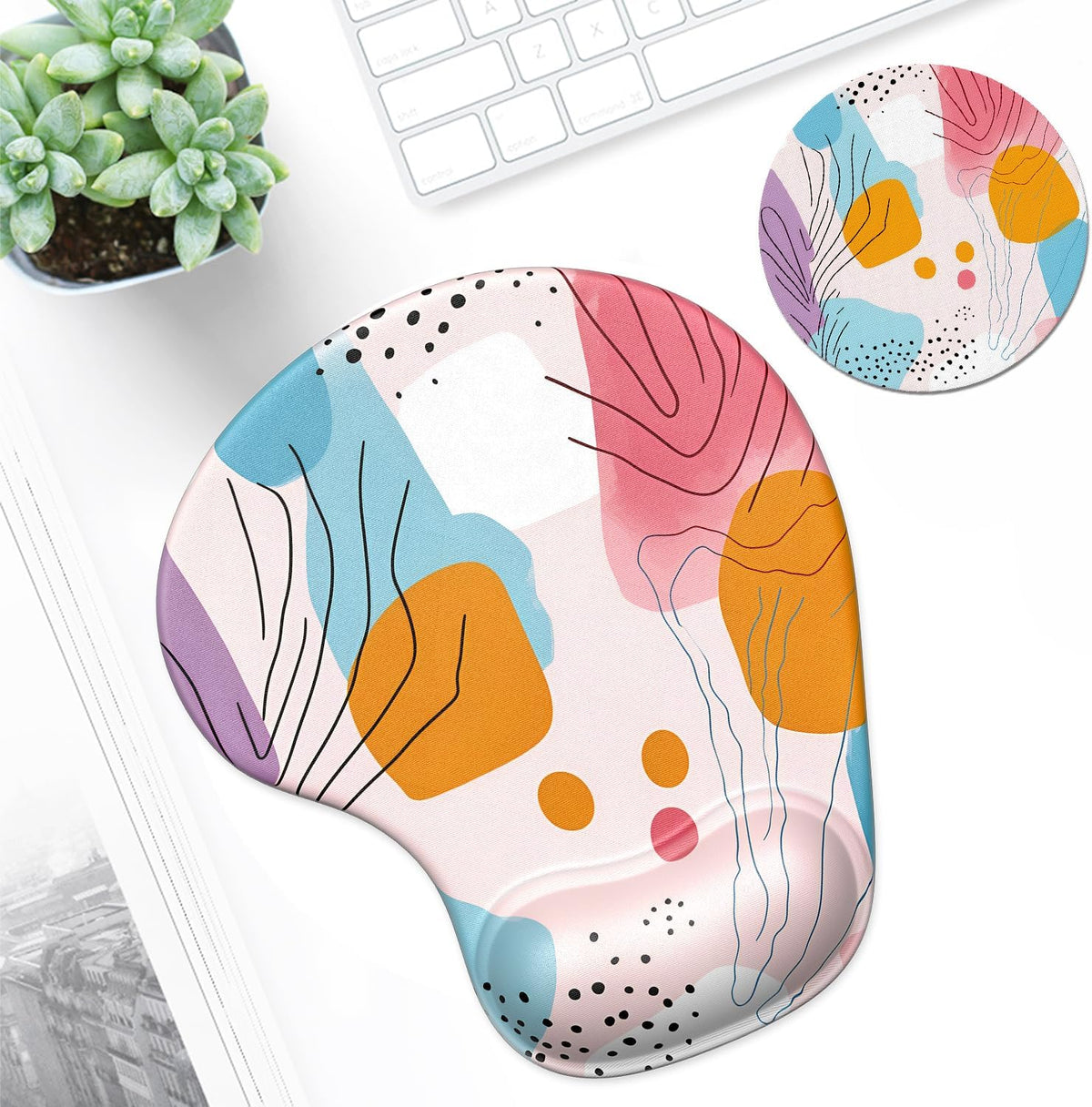 Ergonomic Mouse Pad Coaster Set with Gel Wrist Support Wrist Rest Smooth Surface Non-Slip PU Base Comfortable Office Supplies Pain Relief, 9.5 X 8.3 Inches, Art Style Pattern