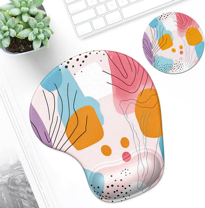 Ergonomic Mouse Pad Coaster Set with Gel Wrist Support Wrist Rest Smooth Surface Non-Slip PU Base Comfortable Office Supplies Pain Relief, 9.5 X 8.3 Inches, Art Style Pattern